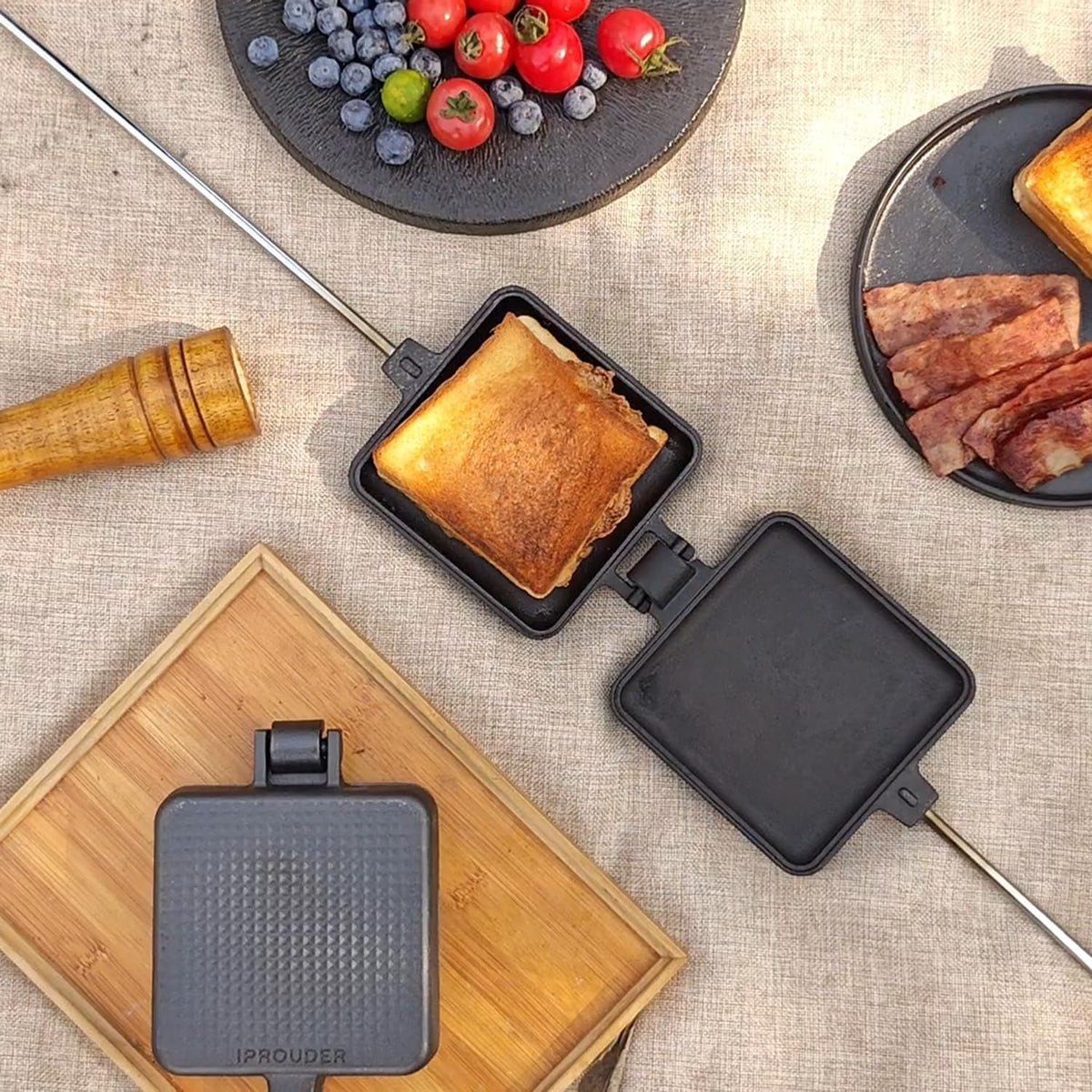 Campfire Pie Iron 4.9" Large Cast Iron Sandwich Maker for Camping 2 Pcs with Storage Bag - 22.6 inch Thickened Handles - Campfire Cooking Equipment for Grilling & Outdoor Cooking
