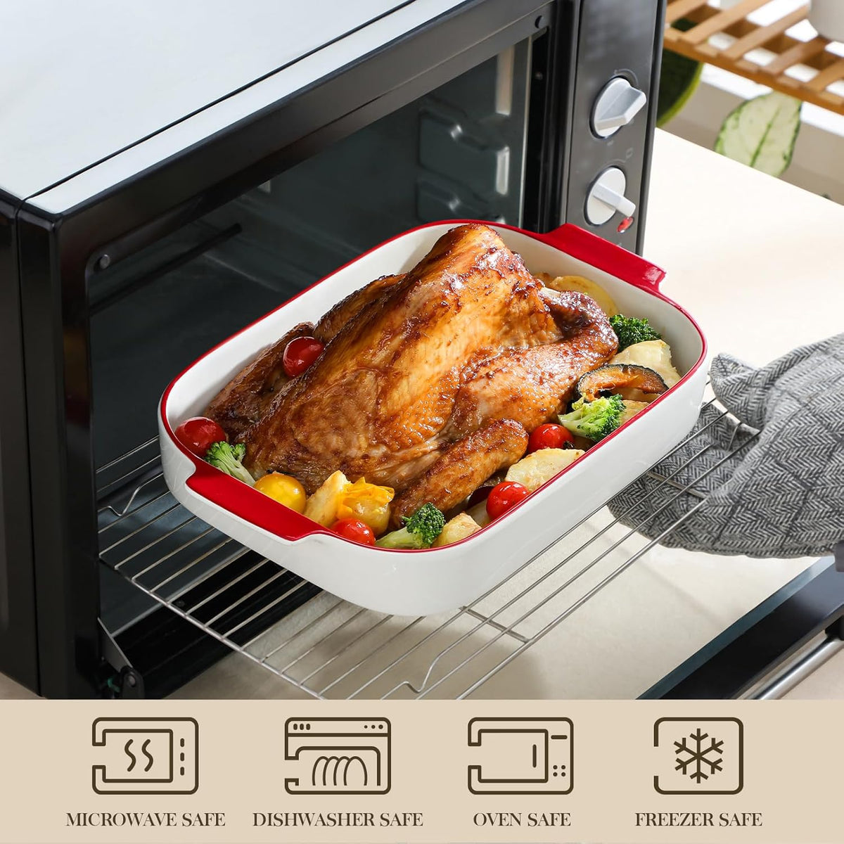 MALACASA Casserole Dishes for Oven, Ceramic Baking Dishes Set of 3, Rectangular Lasagna Pan Deep Baking Pans, Bakeware Sets with Handles Gift Set, White with Red Trim (13.8''/11.7''/9.4''), Series BAKE