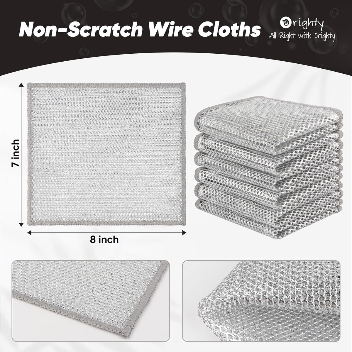 Orighty 12 Pcs Multipurpose Wire Dishwashing Rag, Non-Scratch Wire Dish Cleaning Cloths for Wet and Dry, Reusable Steel Scrubber for Kitchen, Powerful Dishcloth Rag for Cookware, Dish, Stove-7"x8"