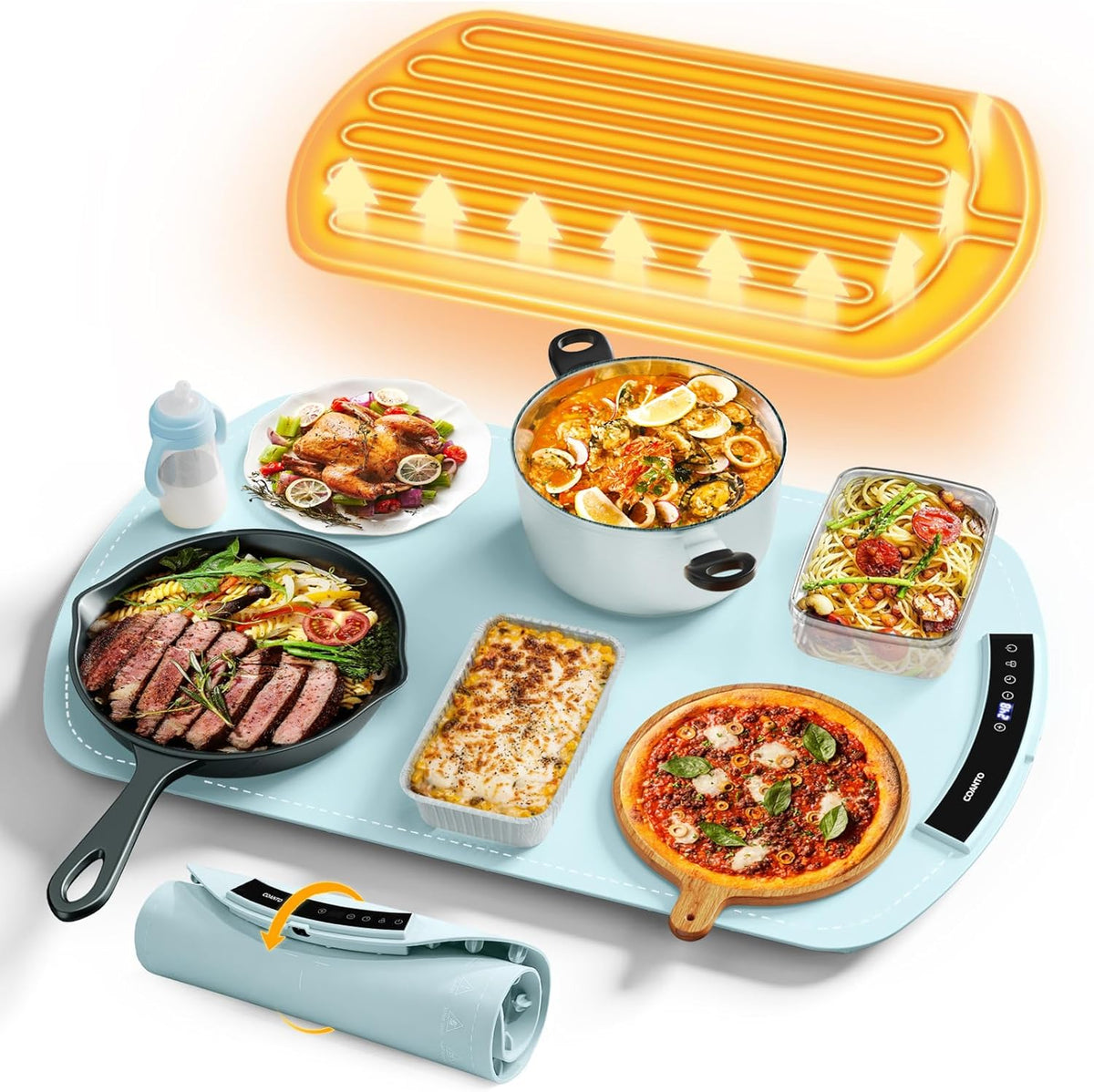 Food Warming Mat, Electric Warming Tray for Buffets & Parties, Silicone Heating Mat for Food with 9 Temperature Settings, Roll-Up Storage, 25.8"x15.6", Blue