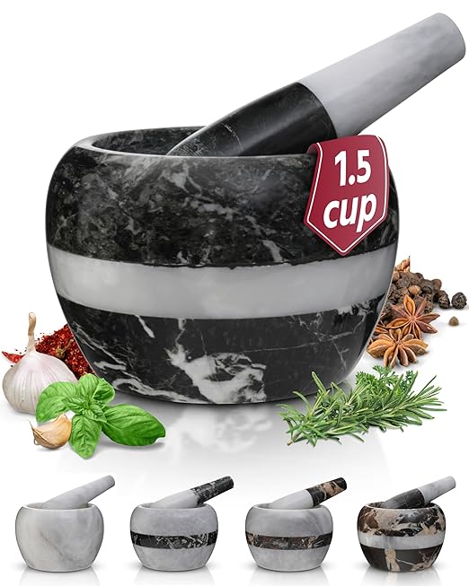 Gusto Nostro Natural Marble Mortar and Pestle Set Small| 4 Inch - 1.5 Cup | Mini Mortar Pestle Set for Grinding Herbs, Nuts, Grains | Pesto Grinding and Guacamole Stone Bowl | Marble Spice Crusher
