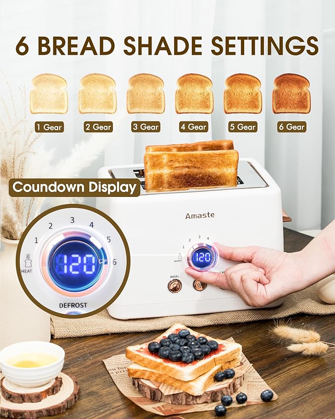 2 Slice Toaster, Retro Bread Toaster with LED Display, Extra Wide Slots Toasters with 6 Bread Shade Settings, Bagel, Cancel, Defrost Function, Stainless Steel with High Lift Lever, Removal Crumb Tray