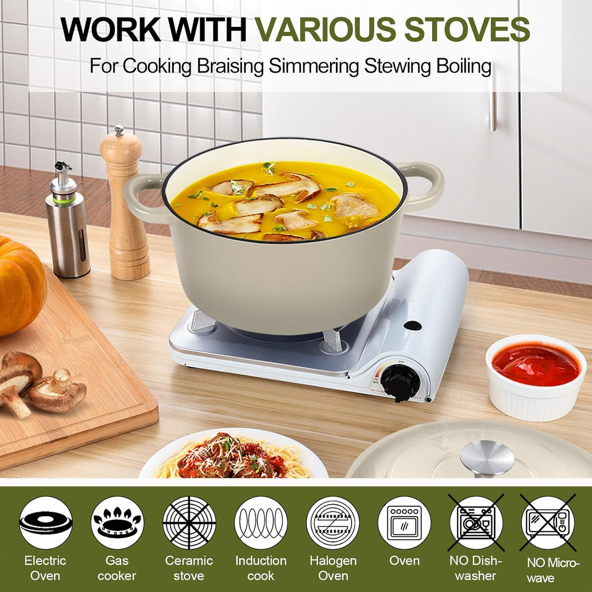 P&P CHEF 7QT Enameled Dutch Oven, Cast Iron Dutch Oven Pot with Lid for Bread Baking, Enameled Casserole Pot for Roasting Braising Stewing Frying Simmering, Various Stoves & Easy Clean, Khaki