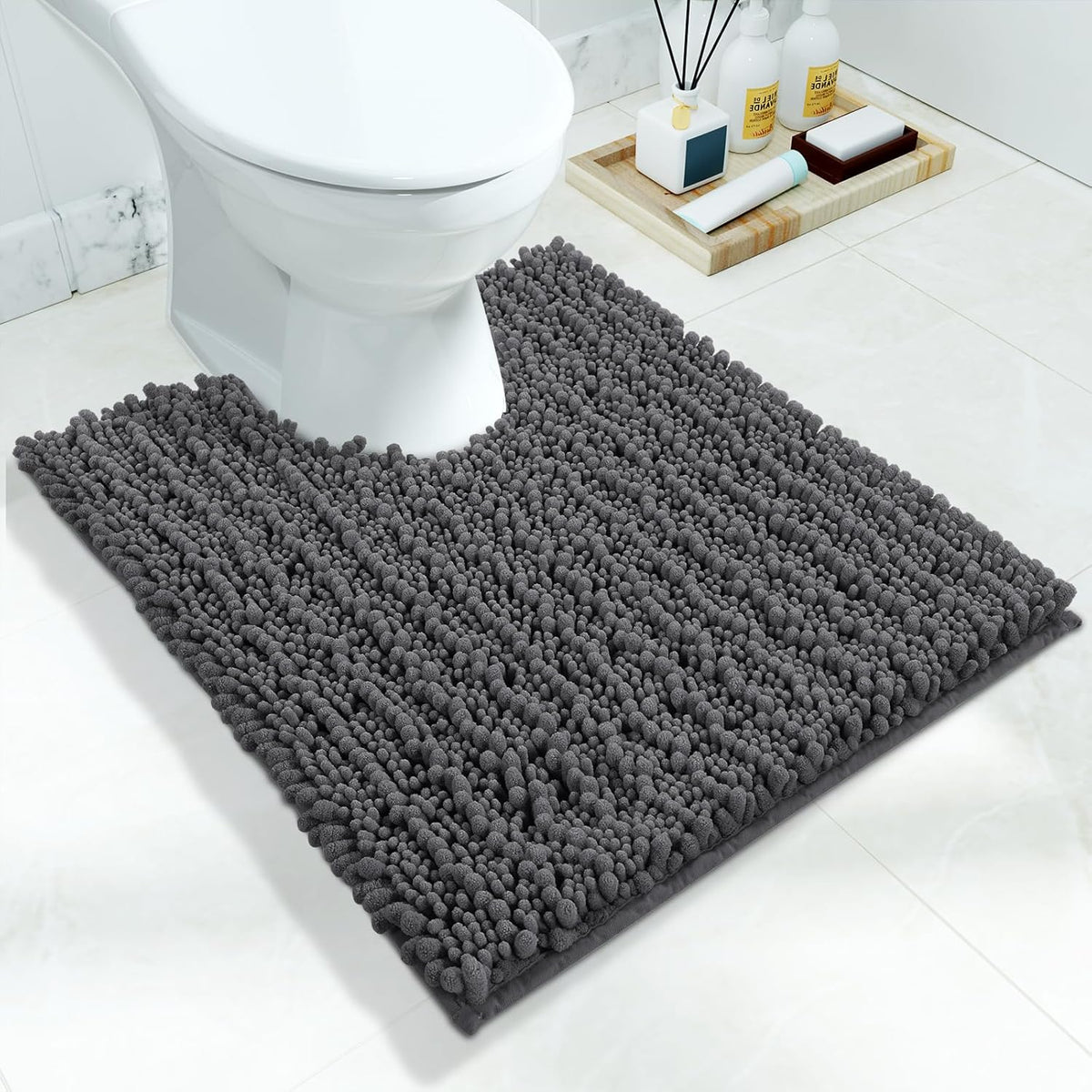 Yimobra Toilet Rug U Shaped Washable 24x20 Inch - Ultra Soft Absorbent Chenille Bath Rugs for Toilet, Quick Dry & Machine Washable, Non Slip Contour Bathroom Mat, Dark Gray