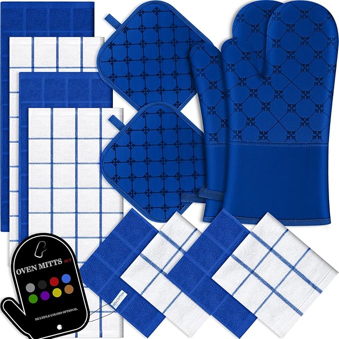 Oven Mitts Kitchen Towels Dishcloths with Pot Holders Sets, Dish Towels Sets, Oven Gloves Pot Pads Heat Resistant 500 Degrees with Non-Slip Silicone Surface for Cooking Baking Grilling-Royal Blue