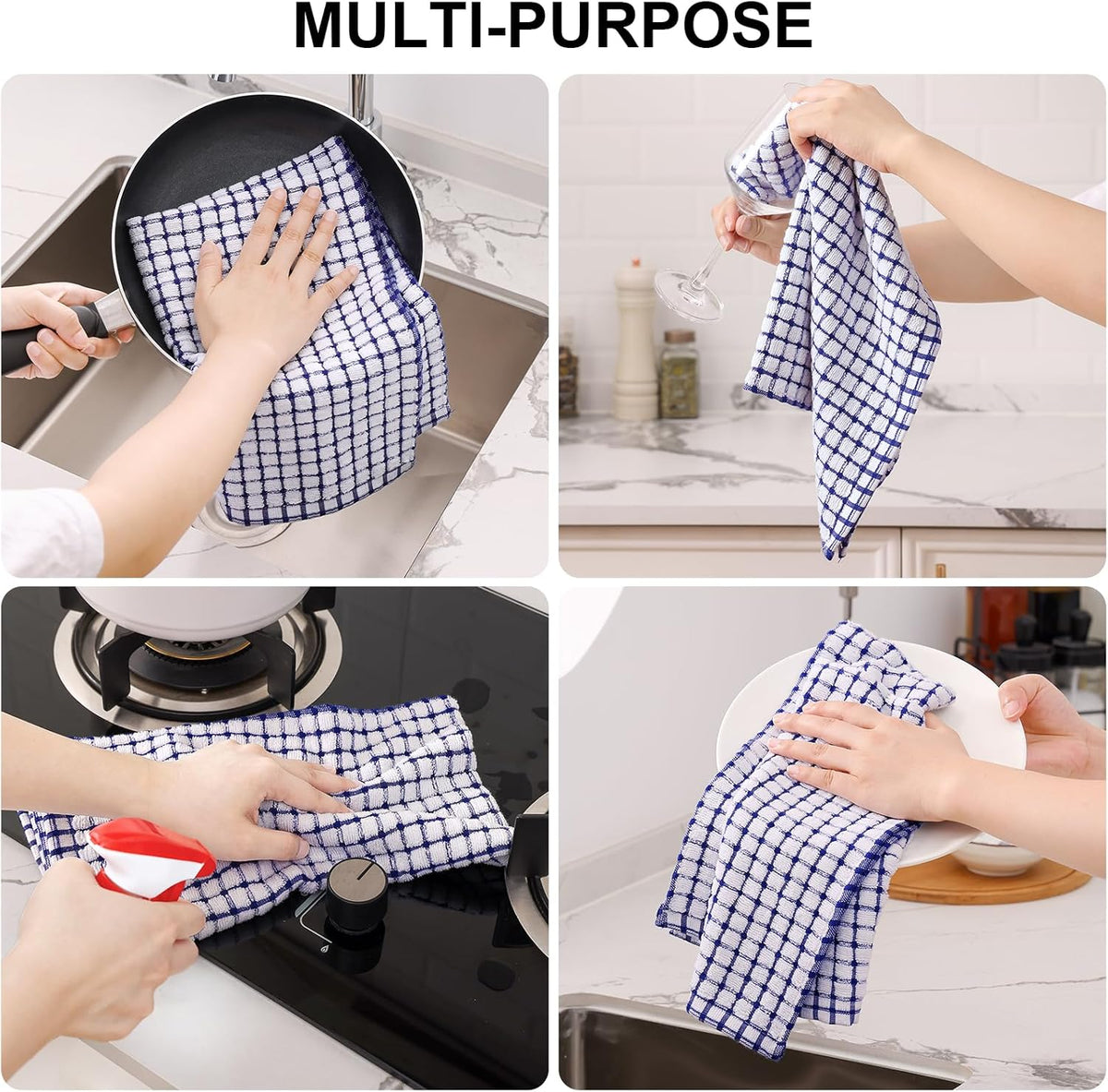 Kitinjoy Cotton 12 Pack Kitchen Towels and Dishcloths Sets, 16 x 25 Inch & 12 X 12 Inch Dish Towels Bulk, Super Soft and Absorbent Hand Towels for Kitchen Drying, Blue