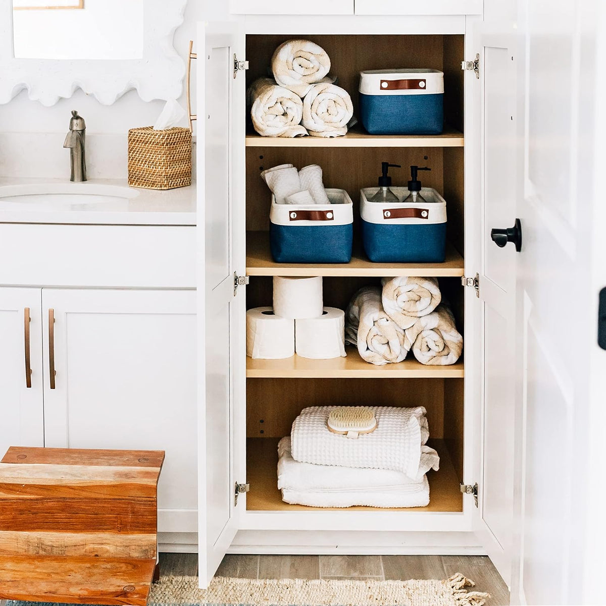 OrganiHaus Small Fabric Storage Baskets for Shelves 6 Pack, 12x8in Closet Storage Bins for Shelves, Cloth Baskets for Organizing, Linen Closet Organizers, Fabric Basket, Navy Blue/White