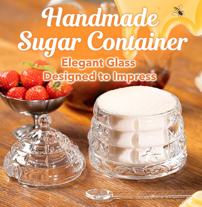 Elegant Glass "Crystal" Honey Jar with 2 Glass + 1 Wooden Dipper & 1 Clear Spoon | Beehive Design | 10 oz Container | Perfect for Sugar, Marmalade & Jam | Durable & Stylish Multipurpose Pot with Lid