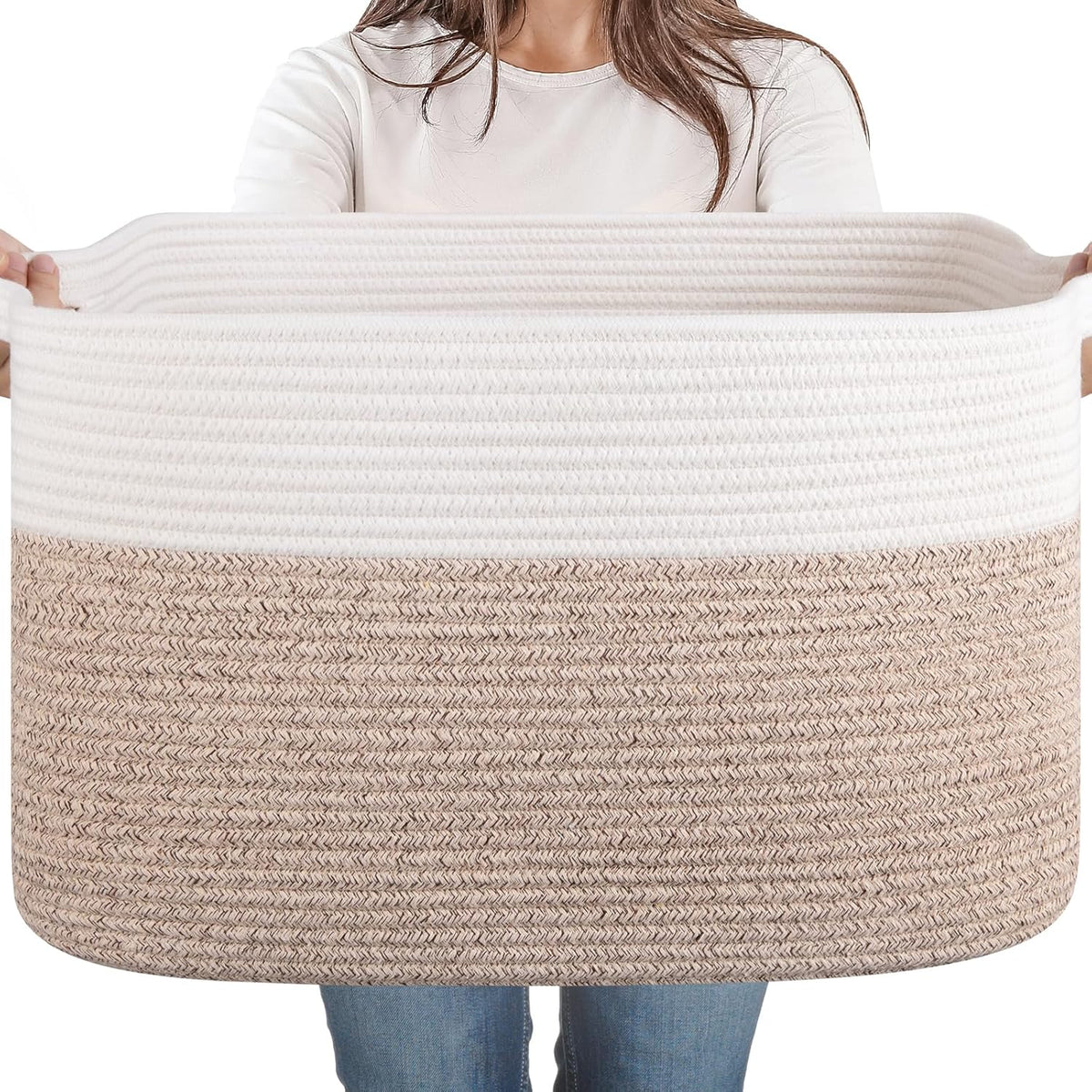 65L Large Storage Basket, Cotton Rope Woven Blanket Basket, Toy Storage for Baby Room, Living Room, Brown & White