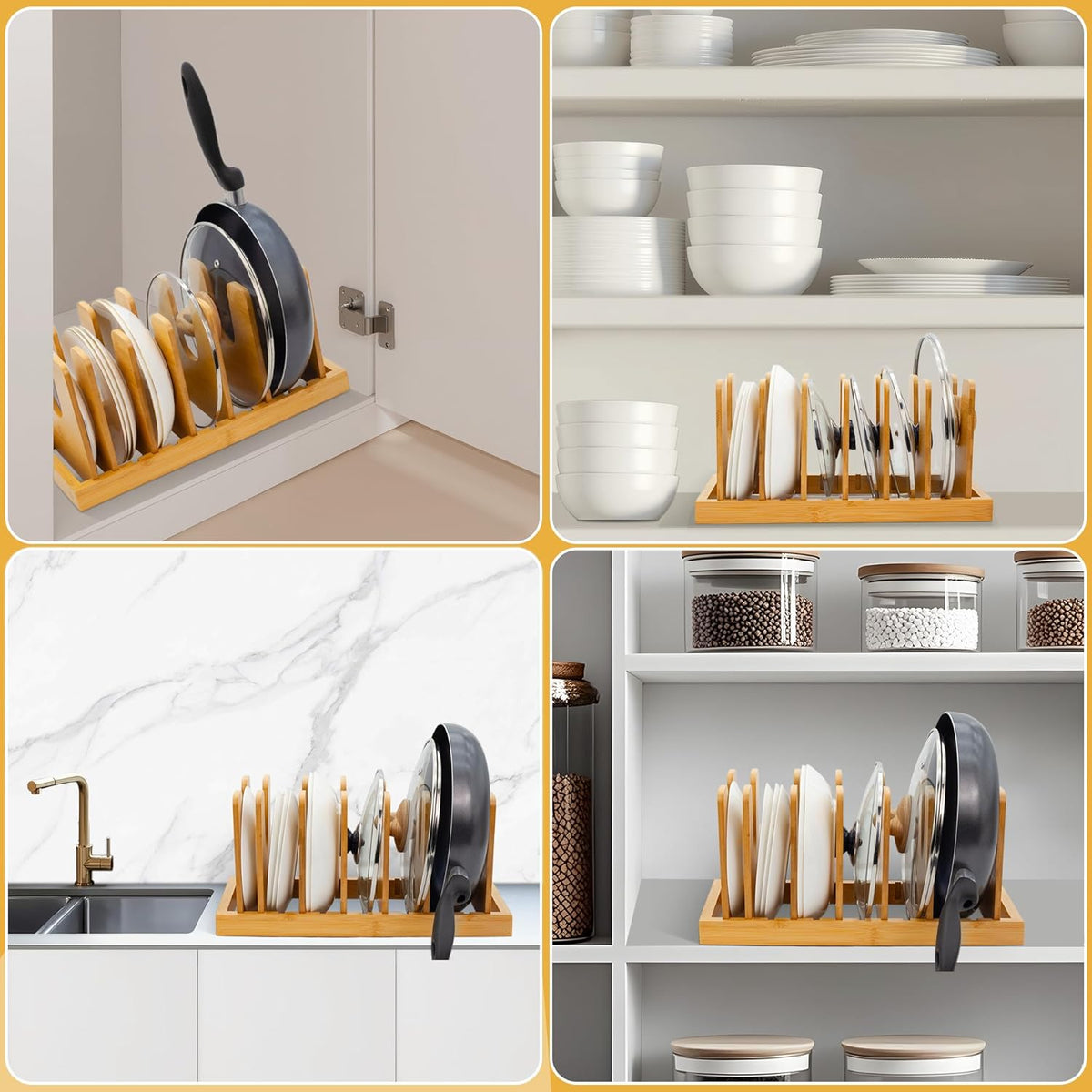 MinBoo Bamboo Pot Lid Organizer Pot Lid Holder, Pot and Pan Organizer Drawer Organizer for Pot Lids, Pans, Cutting Boards & Baking Sheets, Dinner Plates