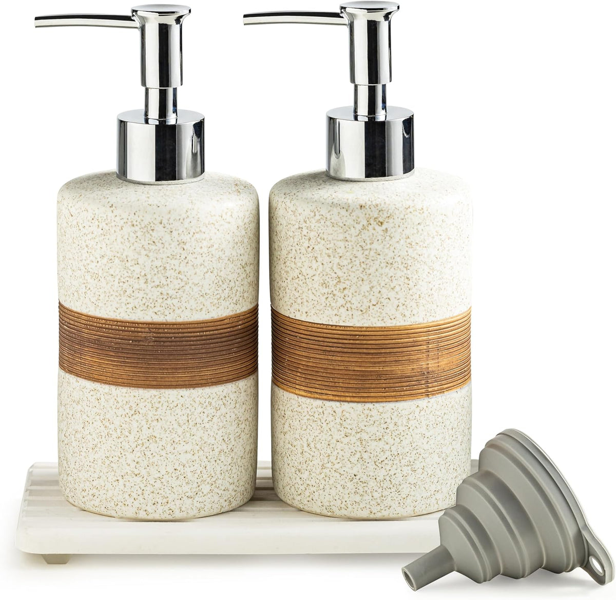 2-Pack Ceramic Soap Dispensers Set, Includes Stainless Steel Pump, Silicone Funnel and Diatomaceous Tray, Hand Soap, Dish Soap, Shampoo and Conditioner Dispenser for Bathroom & Washroom, White