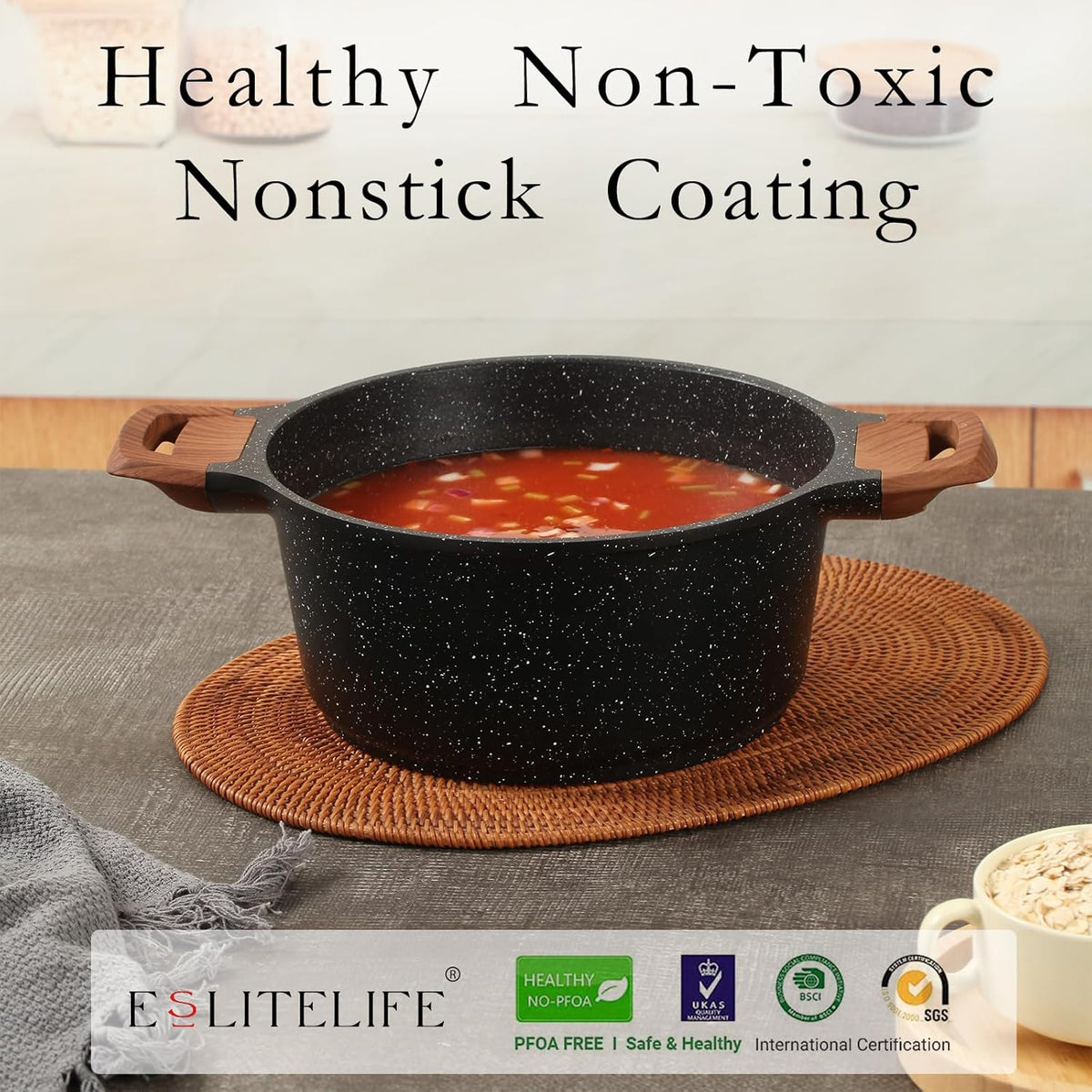 ESLITE LIFE Nonstick Cookware Sets, 9 Pcs Granite Coating Pots and Pans Set Kitchen Cooking Set, Compatible with All Stovetops (Gas, Electric & Induction), PFOA Free, Black