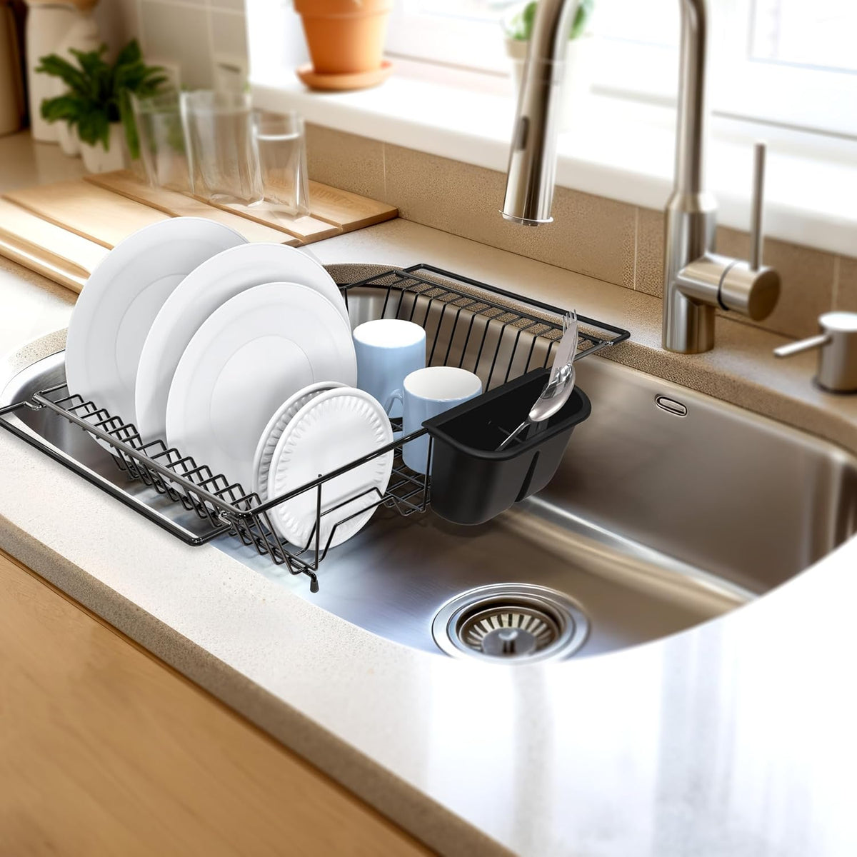 SIMPLE HOUSEWARE Large Over Sink Counter Top Stainless Steel Dish Drainer Drying Rack with Utensil Holder, Black