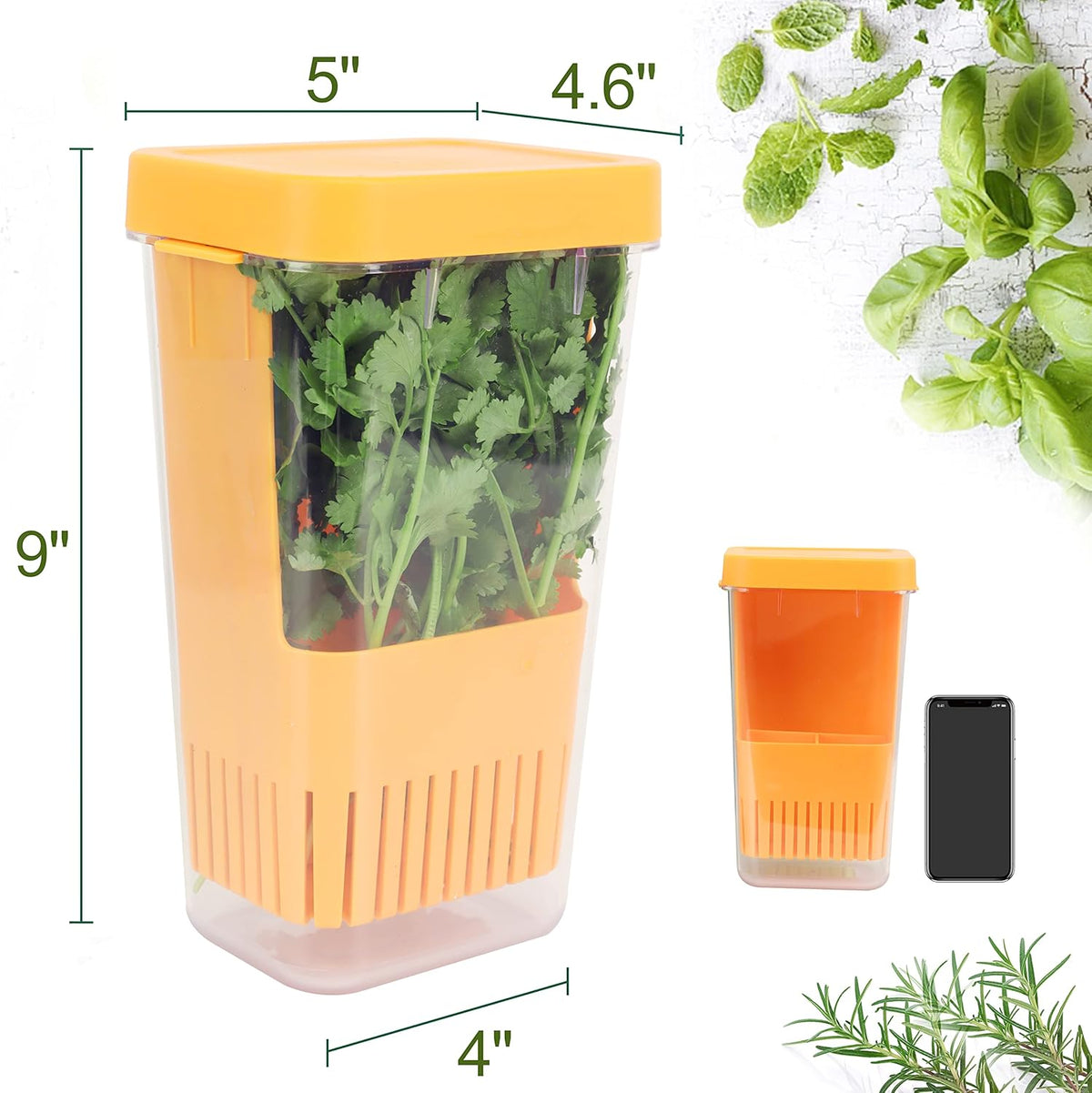 Fresh Herb Keeper for Refrigerator, Clear BPA-Free Herb Saver, Storage Container for Cilantro, Parsley, Thyme, Mint & Asparagus, Preserver Keeps Fresh Herbs for 3 Times Longer, Orange