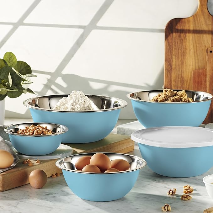 WHYSKO Stainless Steel Mixing Bowl Set, 10 Piece Stainless Steel Mixing Bowls with Lids Set for Food Prep Storage and Serving, Dishwasher Safe for Kitchen Baking Cooking, Light Blue
