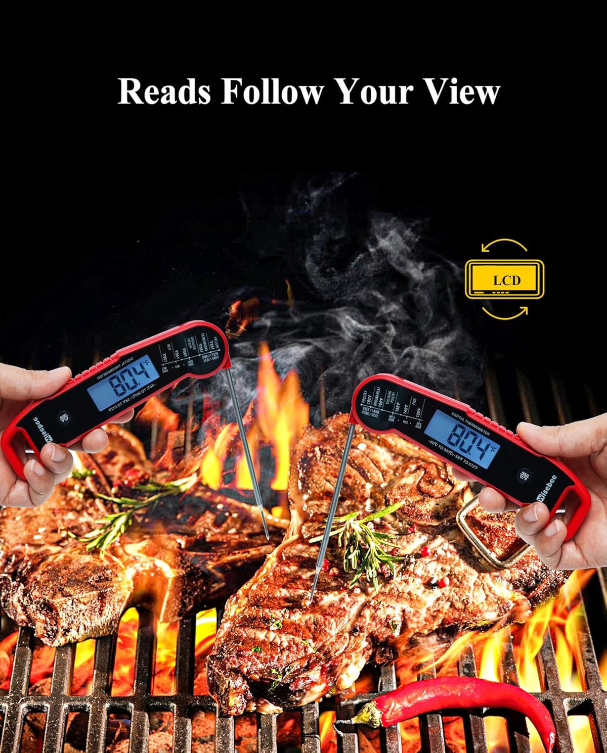 Wisebee Meat Thermometer Digital, 0.5 Sec Instant Read Waterproof Food Thermometer with 180°Auto-Rotate Backlit Display | Anti-Slip Handle | Magnetic Back | Hold Function for Cooking, Red