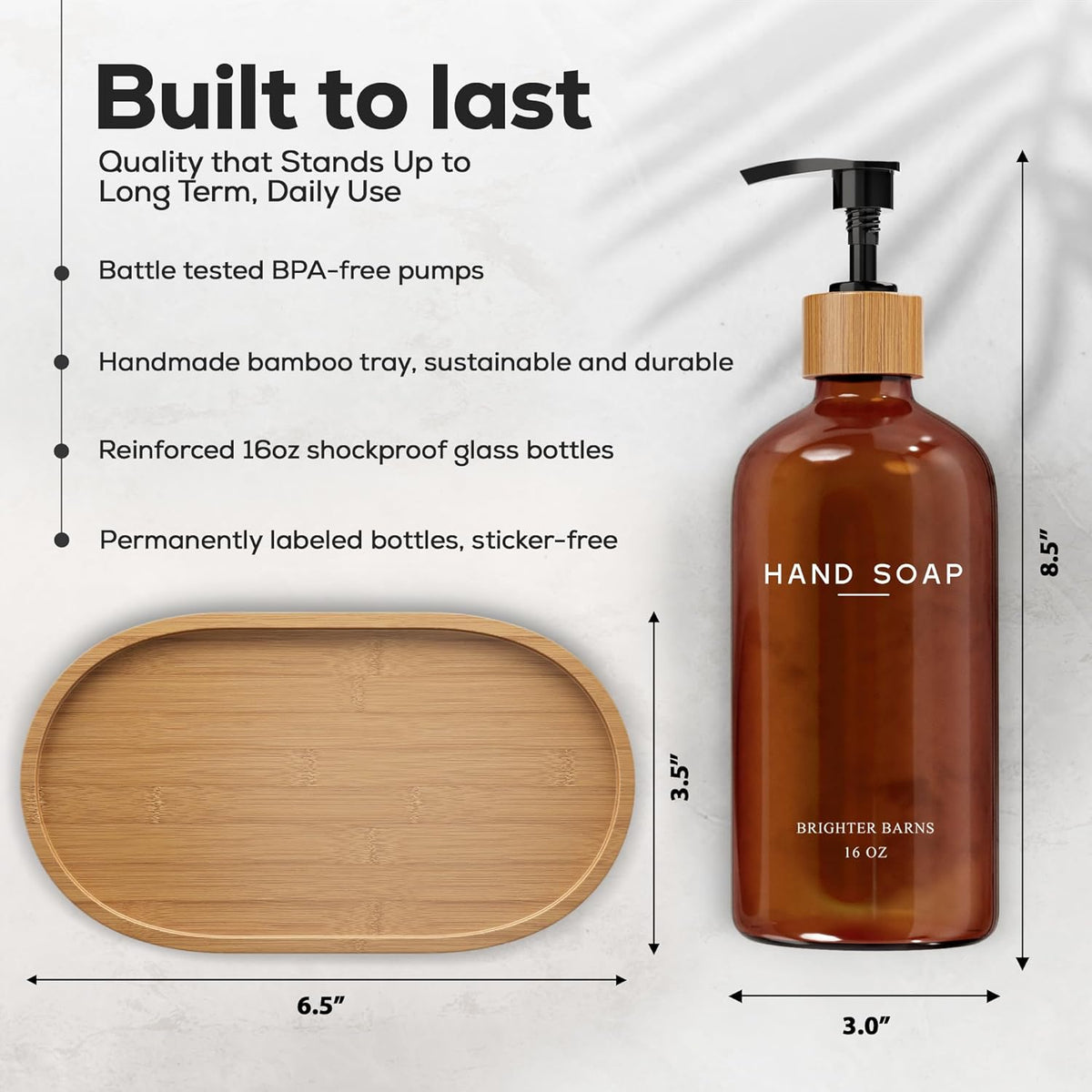 Amber Glass Soap and Lotion Dispenser Set with Tray by Brighter Barns - Hand Soap Dispenser Bathroom Set - Glass Bottles with Pump - Bamboo Home Accessories & Modern Bathroom Decor for Airbnb (Amber)
