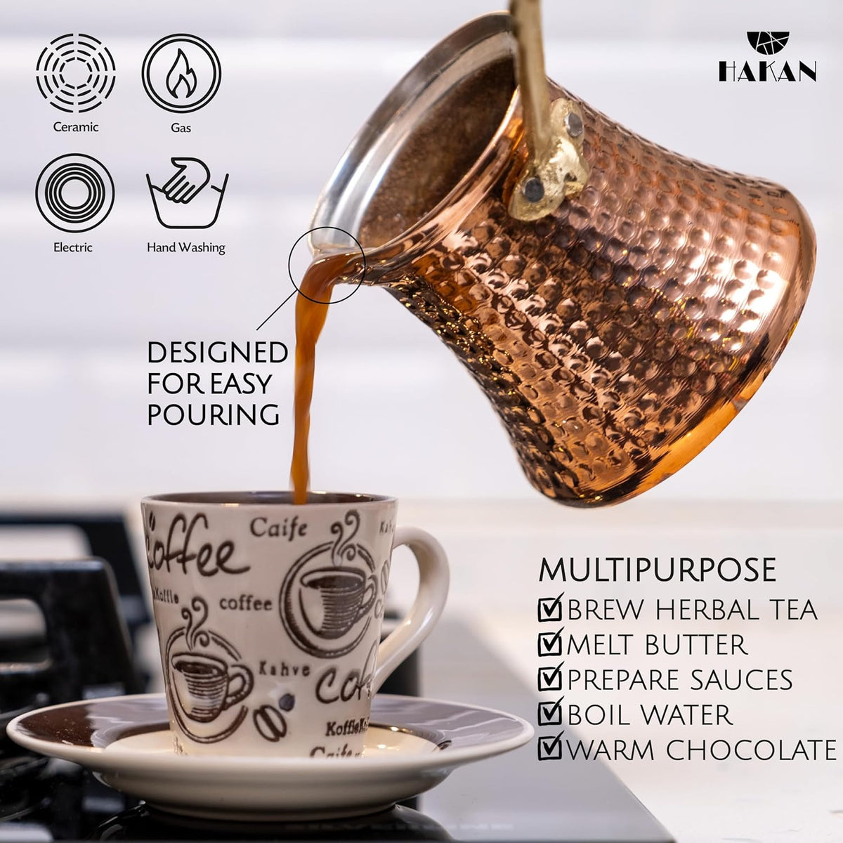 Hakan Turkish Coffee Pot | Stove Top Water Boiler, Coffee Maker, Butter, Chocolate & Milk Warmer | Even and Quick Heat with Handcrafted Copper Material | Coffee Gifts Idea, 16 Oz (475 cc)