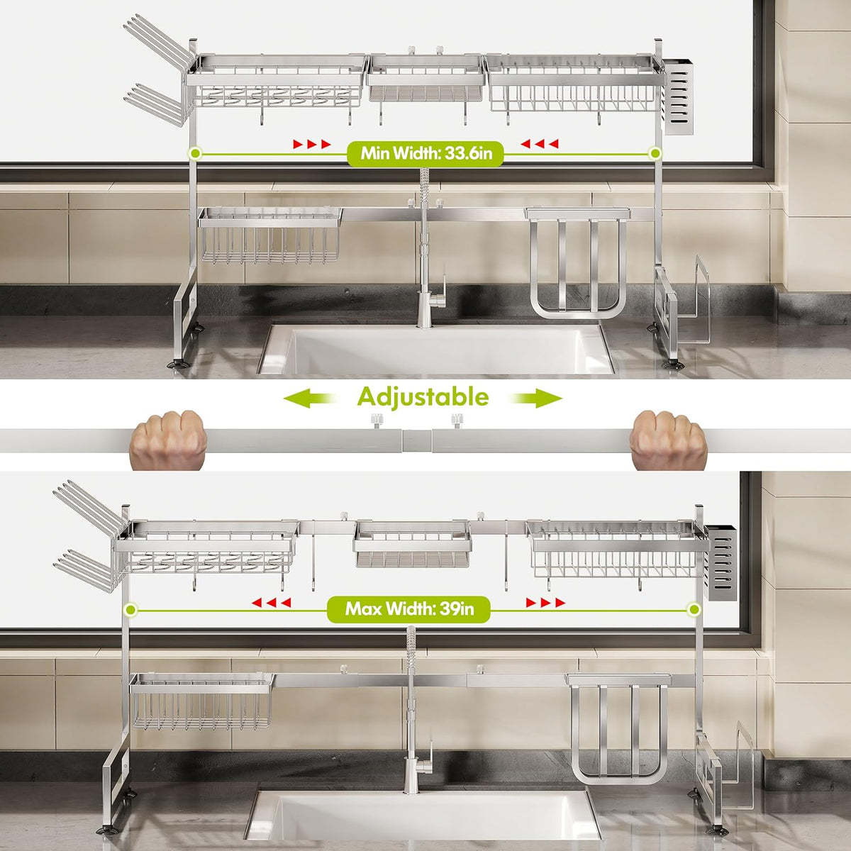 2 Tier Extra Large Stainless Steel Expandable Over The Sink Dish Drainer Drying Rack, Rust Proof Metal, Space Saving, Modern Silver Big Capacity Extendable Plate Strainers Above Kitchen Counter
