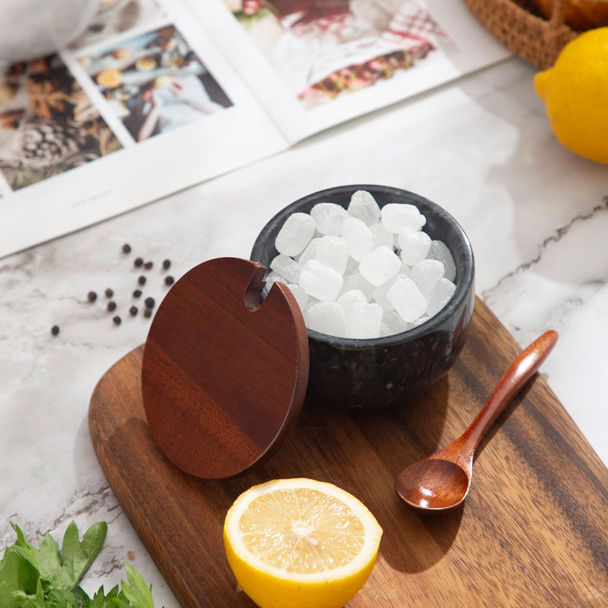 Marble Salt Cellar with Lid & Spoon, 11oz Salt and Pepper bowls, Handcrafted from Natural Marble, Smooth Inside (black bowl)