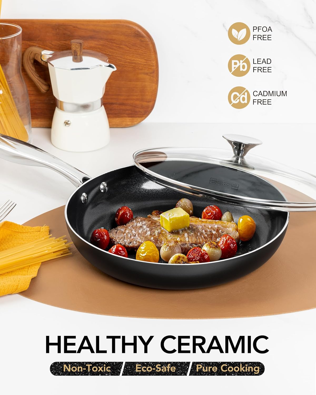 MICHELANGELO Small Frying Pan - 8 Inch Frying Pan Nonstick with Lid, Non-Toxic Ceramic Pans with Stainless Steel Handle, Nonstick Skillet, Black