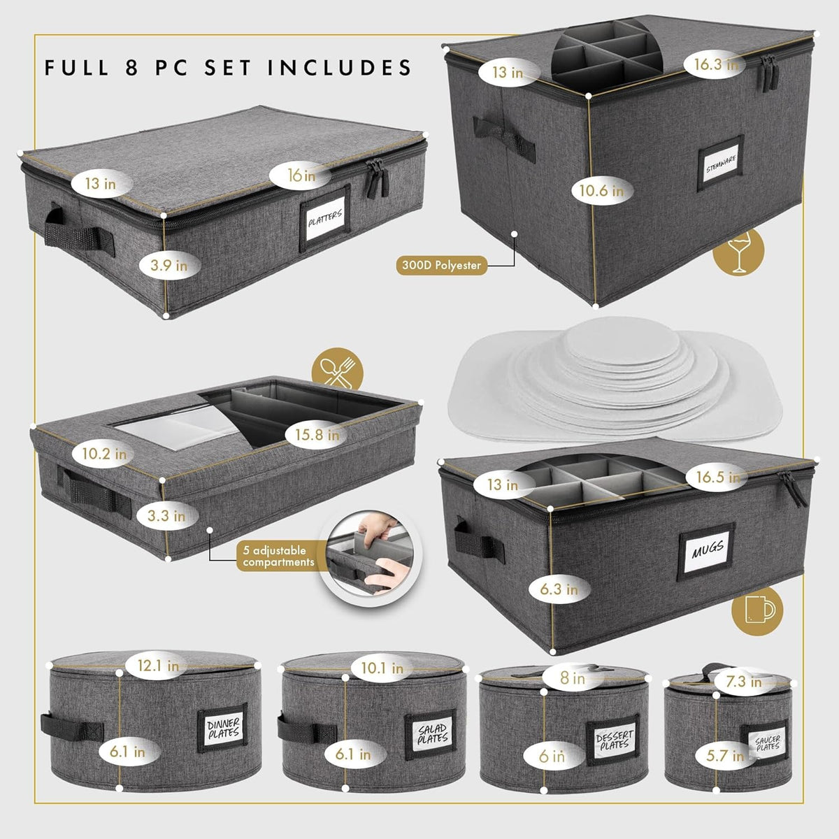 HOMELUX THEORY Hard Shell China Storage Containers for Dishes, 5pcs Flatware & Plate storage Containers, Heavy Duty Dish and Dinnerware Storage with Lid for Packing Dinner Plate, Utensil & Silverware