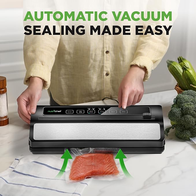 NutriChef Food Vacuum Sealer Machine, Stainless Steel & ABS Body, Automatic Sealing System for Dry and Moist Foods, LED Touch Controls, Includes Bags, Hose & Roll Cutter, 110W Suction Power, 14"x6"