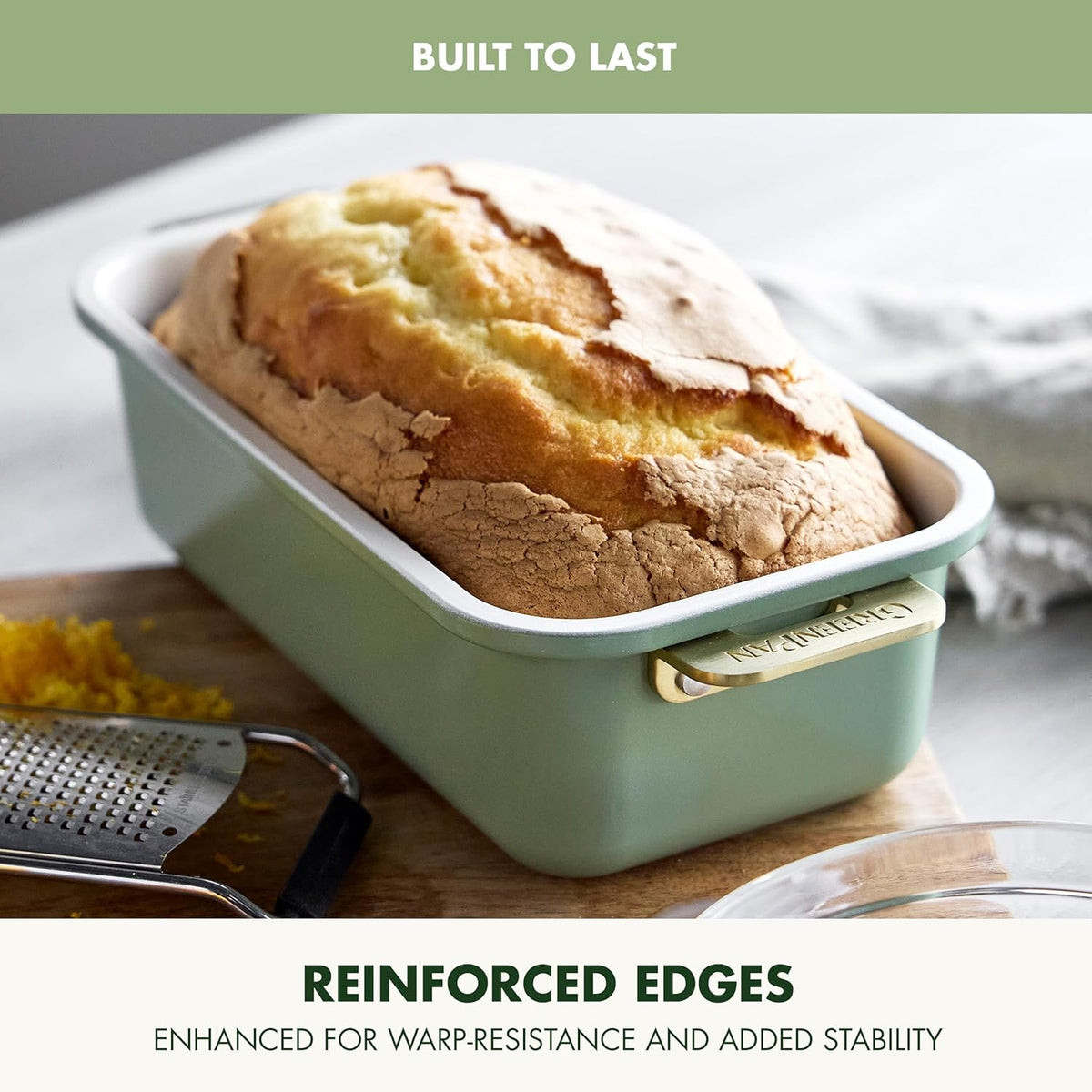 GreenPan Bakeware Set, 7 Piece Nonstick Ceramic Gold Handle Baking Sheets, Cake Pans, Loaf Pan, Muffin Tin, Cooling Rack, PFAS & BPA Free, Freezer to Oven Dish, Bake & Roast Ovenware, Sage Green