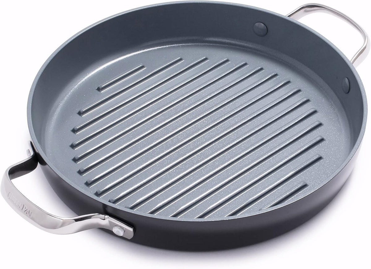 GreenPan Valencia Pro Hard Anodized Healthy Ceramic Nonstick 11" Grill Pan, PFAS-Free, Induction, Dishwasher Safe, Oven Safe, Gray