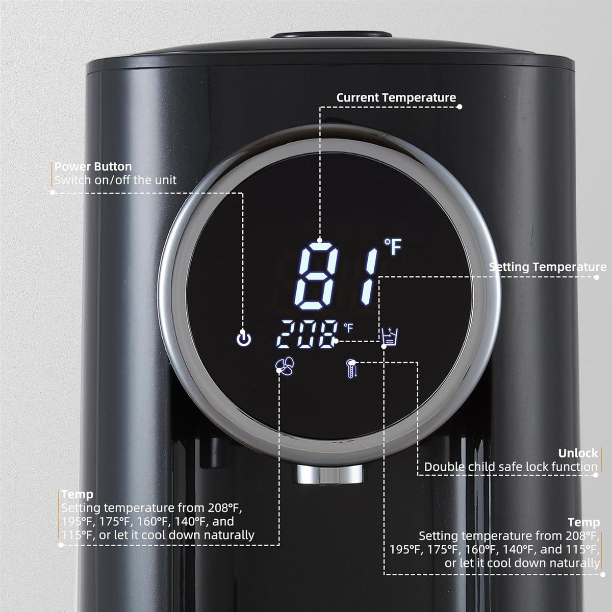 OCTAVO Water Boiler & Warmer 5 Liter, 304 Stainless Steel Water Tank, 700 Watt 6 Adjustable Water Temperature, LCD Touch Control Screen, Child Lock with Water Shortage Indicator
