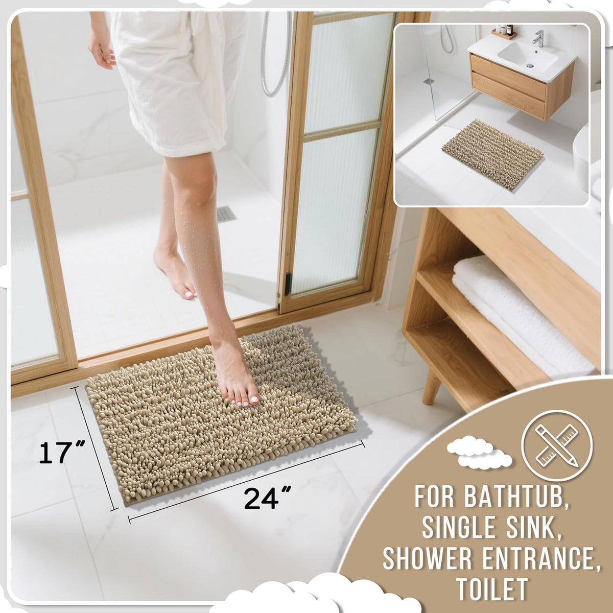 Yimobra Bathroom Rugs Non Slip Washable 24x17 Inch - Ultra Soft Absorbent Chenille Bath Mat, Quick Dry Shaggy Floor Carpet for Tub Shower, Pale Khaki Home Decor Accessories