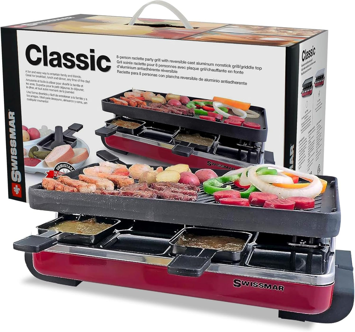 Swissmar Classic 8-Person Raclette Party Grill with Reversible Cast Iron Grill Plate/Crepe Top, Indoor Electric Raclette Grill & Griller - Red