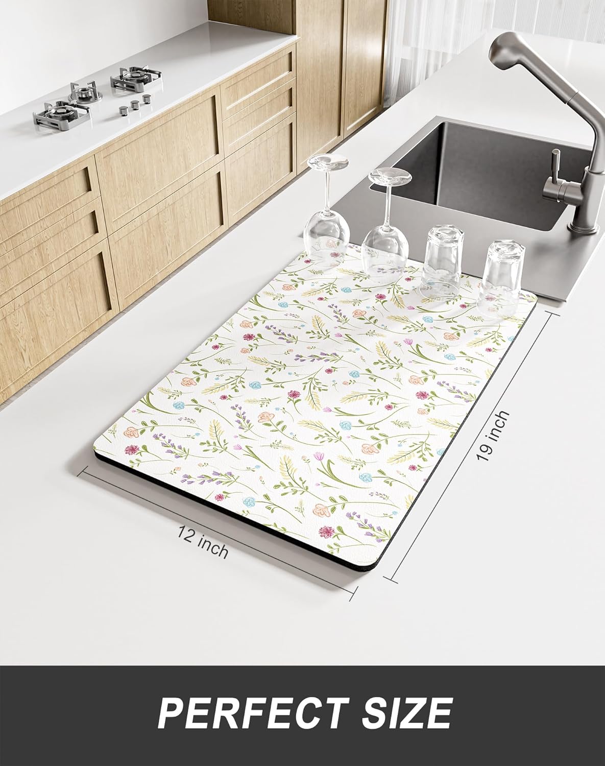 Rnivvi Dish Drying Mat for Kitchen Counter, 12 x 19" Cute Flower Theme Super Absorbent Draining Pad, Non-Slip Heat Resistant Coffee Bar Mat for Coffee Machine Station Accessories, White Dish Rack Pad