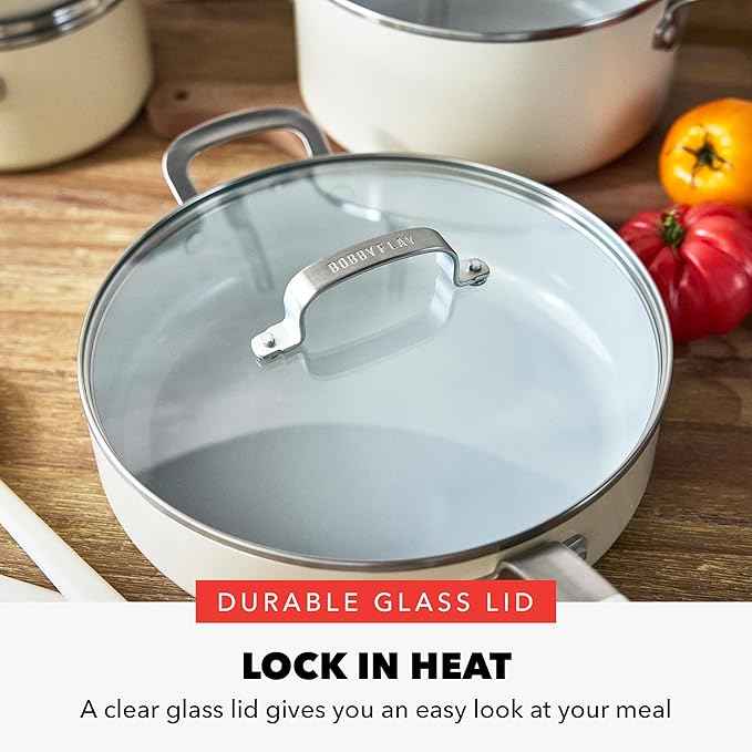 GreenPan x Bobby Flay 13 Piece Nonstick Cookware Pots and Pans Set, PFAS-Free Diamond Ceramic, Induction Suitable, Easy Clean Dishwasher & Oven Safe, Stay-Cool Silicone Handles, Glass Lids, Cream