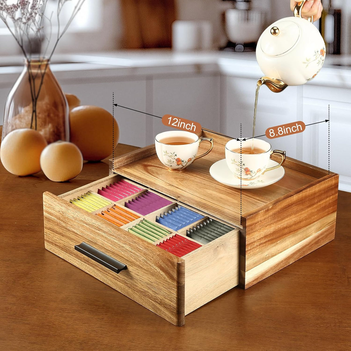 Acacia Wood Tea Bag Organizer - 12-Compartment Capacity Tea Box Organizer Storage Box with Drawer, Tea Accessories for Tea Bags Storage Drawer, Tea Station for Countertop