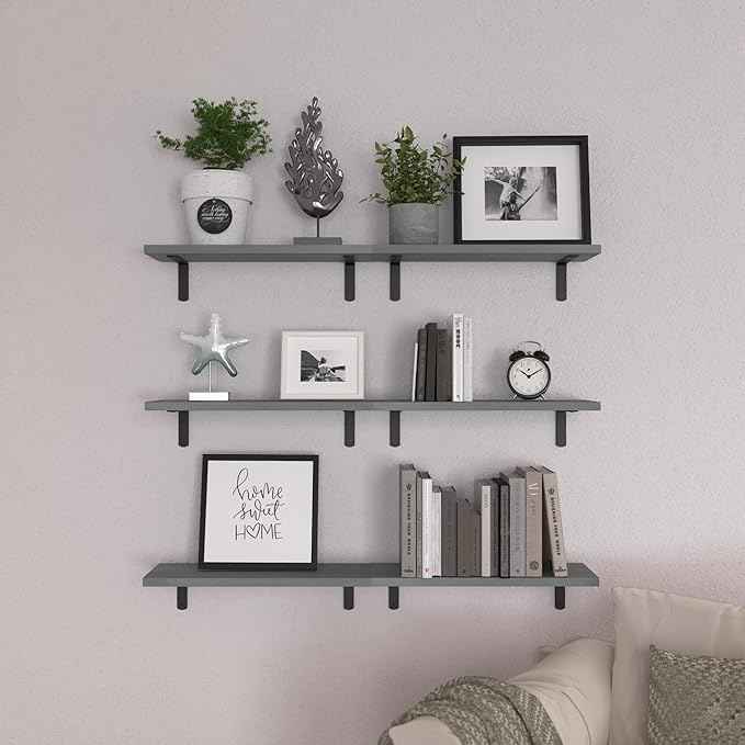 WOPITUES Wood Floating Shelves Set of 6, Shelves for Wall Decor, Farmhouse Shelf for Bedroom, Bathroom Storage Shelves, Book Shelves for Living Room-Grey