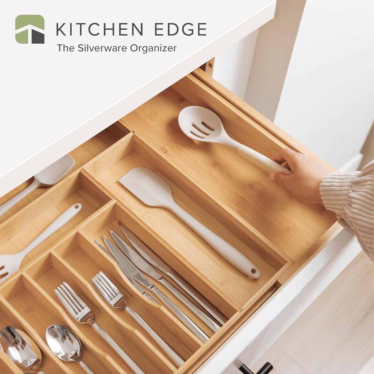 KitchenEdge Premium Silverware, Flatware and Utensil Organizer for Kitchen Drawers, Food-Safe Contract Grade, Expandable from 16 to 28 In, Natural Bamboo