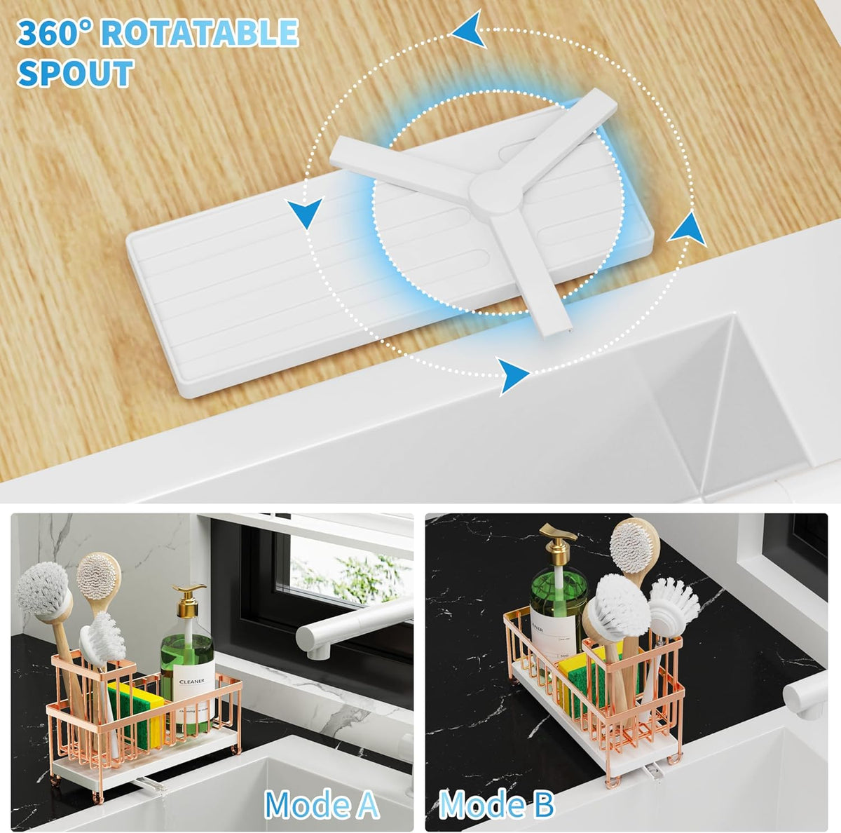 Cisily Rose Gold Sponge Holder for Kitchen Sink, Sink Caddy Organizer with High Brush Holder, Kitchen Countertop Organizers and Storage Essentials, Rustproof 304 Stainless Steel, Soap Dispenser