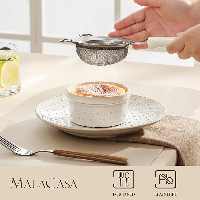 MALACASA Ramekins 6 Oz Oven Safe, Ceramic Creme Brulee Souffle Dishes, Pudding Custard Cups Ramekin For Baking, Small Dipping Sauce Bowls, Set of 4, Microwave and Dishwasher Safe, Arctic White