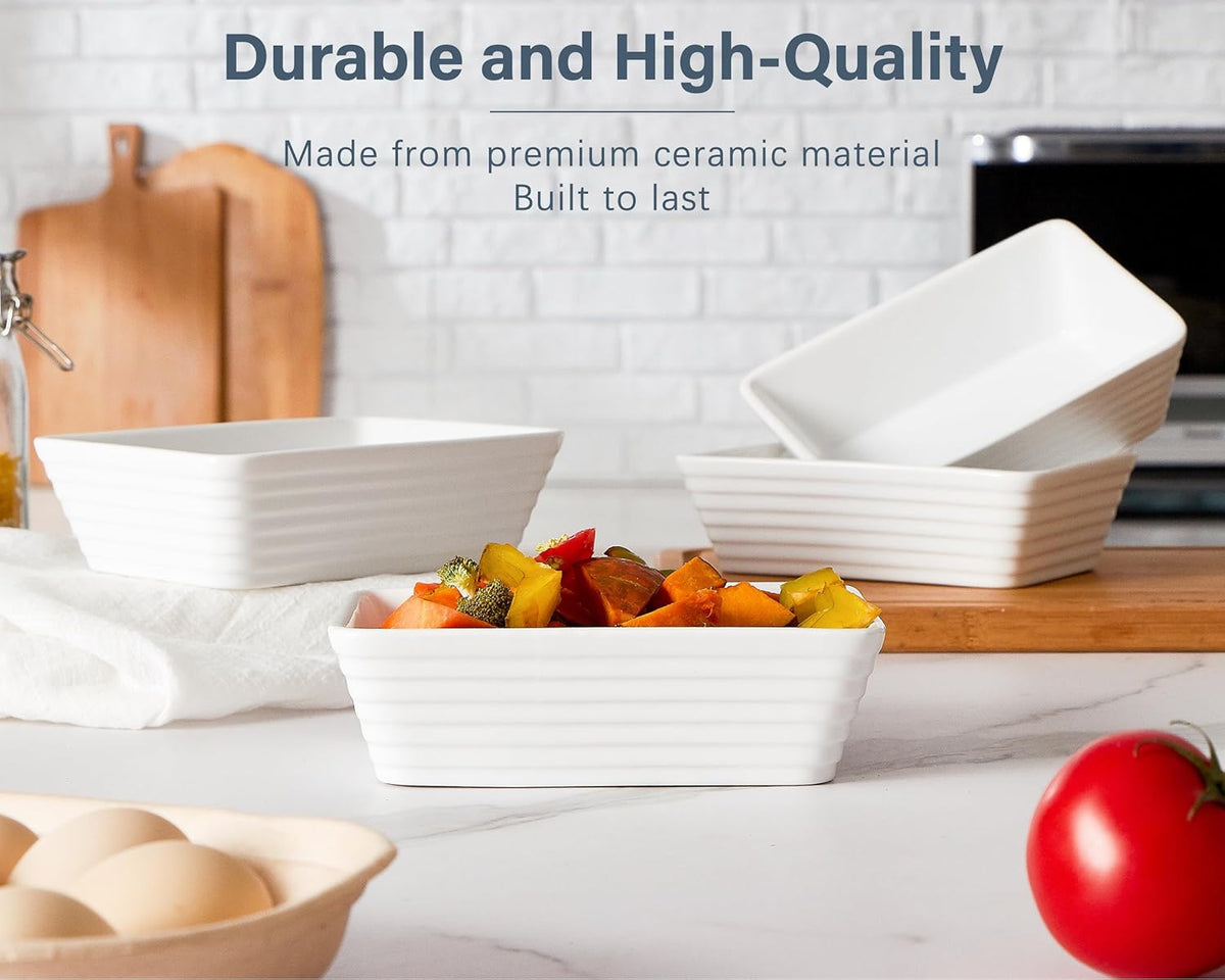 ONEMORE Small Baking Dish, Rectangle Ceramic Baking Dish for Oven, Individual Casserole Dishes for Toaster Oven, 5x7 Small Deep Lasagna Baking Dish, Oven Safe, 1-2 Person Baking Dishes Set of 4, White