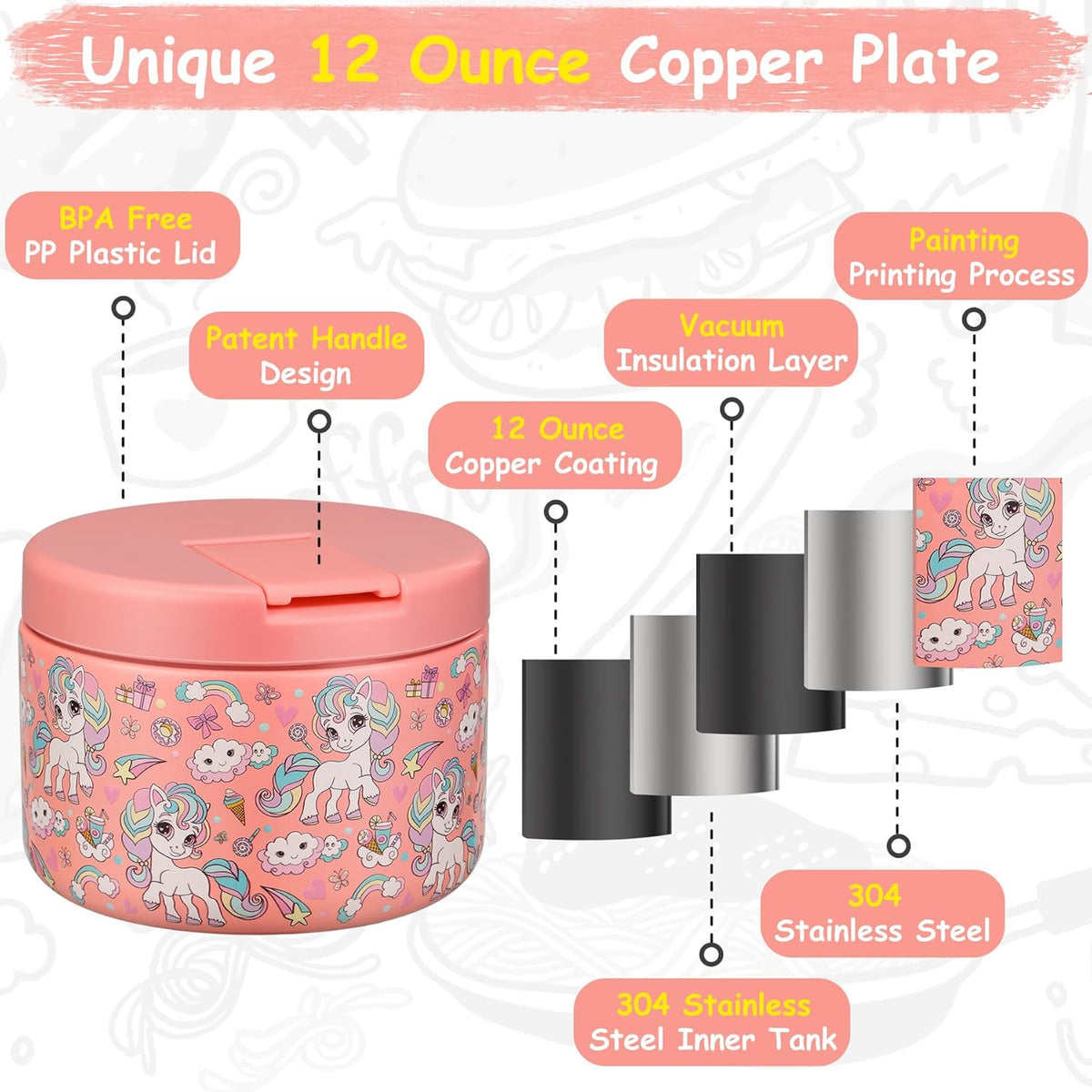 12oz Insulated Vacuum Food Jar with Buckle Lid Wide Mouth Soup Thermo for Hot Food Kids Leakproof Stainless Steel Lunch Container (Pink-Horse)