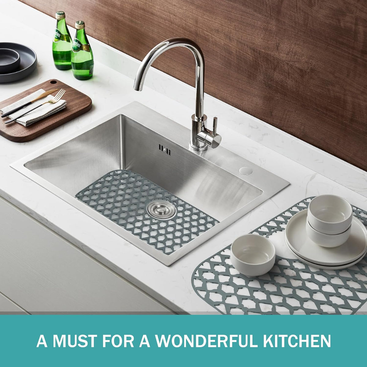 Sink Protectors for Kitchen Sink 19x14 & 21x16 & 22x13 & 26x14 & 28x14.4 & 30x16, Large Silicone Sink Mats Grid for Bottom of Farmhouse Stainless Steel Sink (22”x13”, Rear Drain)