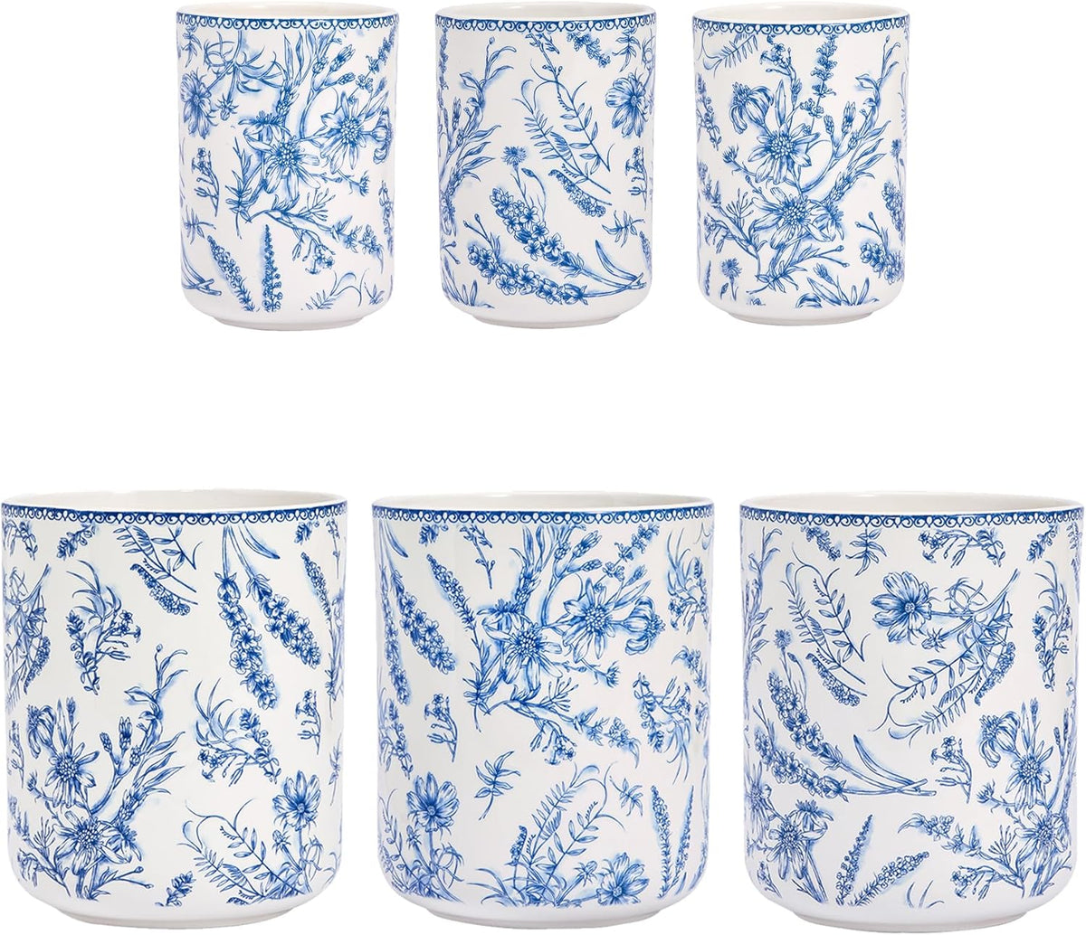 Bico Blue Garden Toile De Jouy Ceramic Utensil Holder Set of 2, Ceramic Kitchen Utensil Crocks for Countertop, Large Cooking Tool Holder Counter Decor, Spatula Organizer