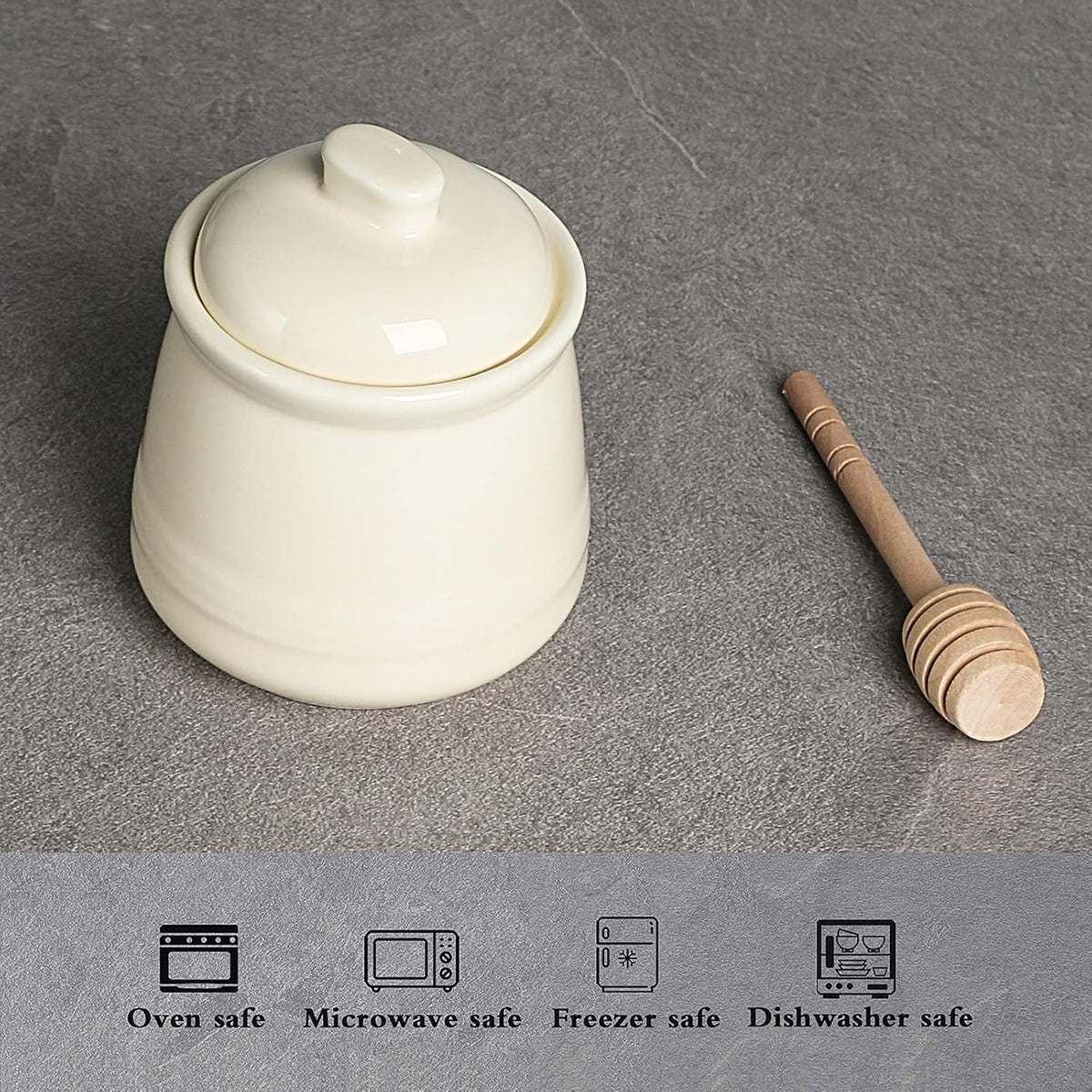 LEETOYI Porcelain Honey Jar with Lid and Honey Dipper,Ceramic Honey pot,12oz (Beige)