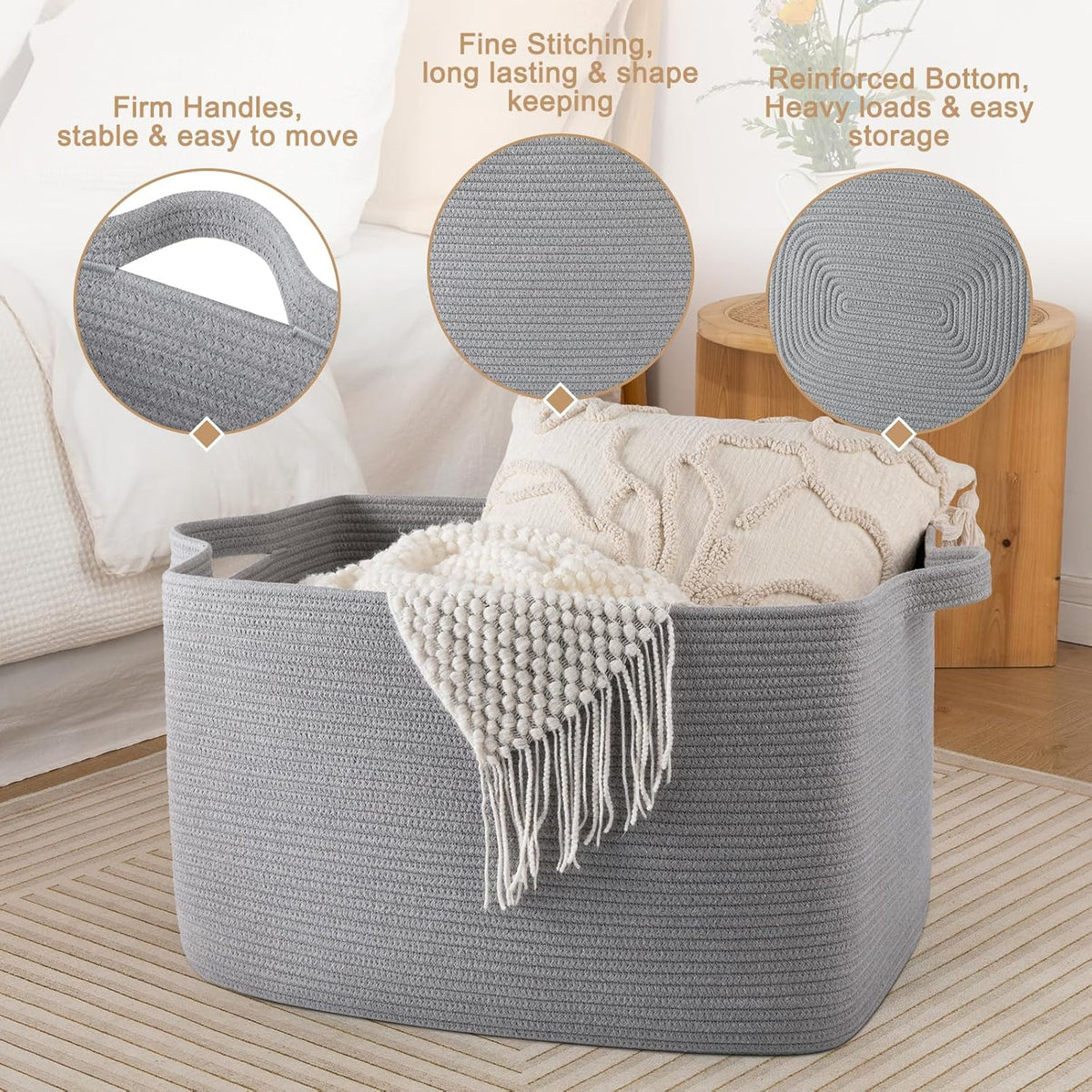 95L Large Storage Basket, Cotton Rope Woven Blanket Basket, Nursery Storage for Baby Room, Living Room, 24" x 16.9" x 14.2", Light Grey