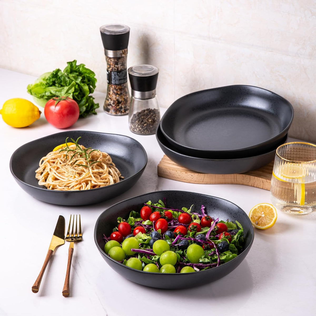 AmorArc Ceramic 9.75 inch Large Flat Pasta Bowls, 38oz Wide Bowls Set of 4 for Kitchen, Oven,Microwave&Dishwasher Safe Bowls with Wavy Rim for Pasta Salad Dinner, Speckled Black