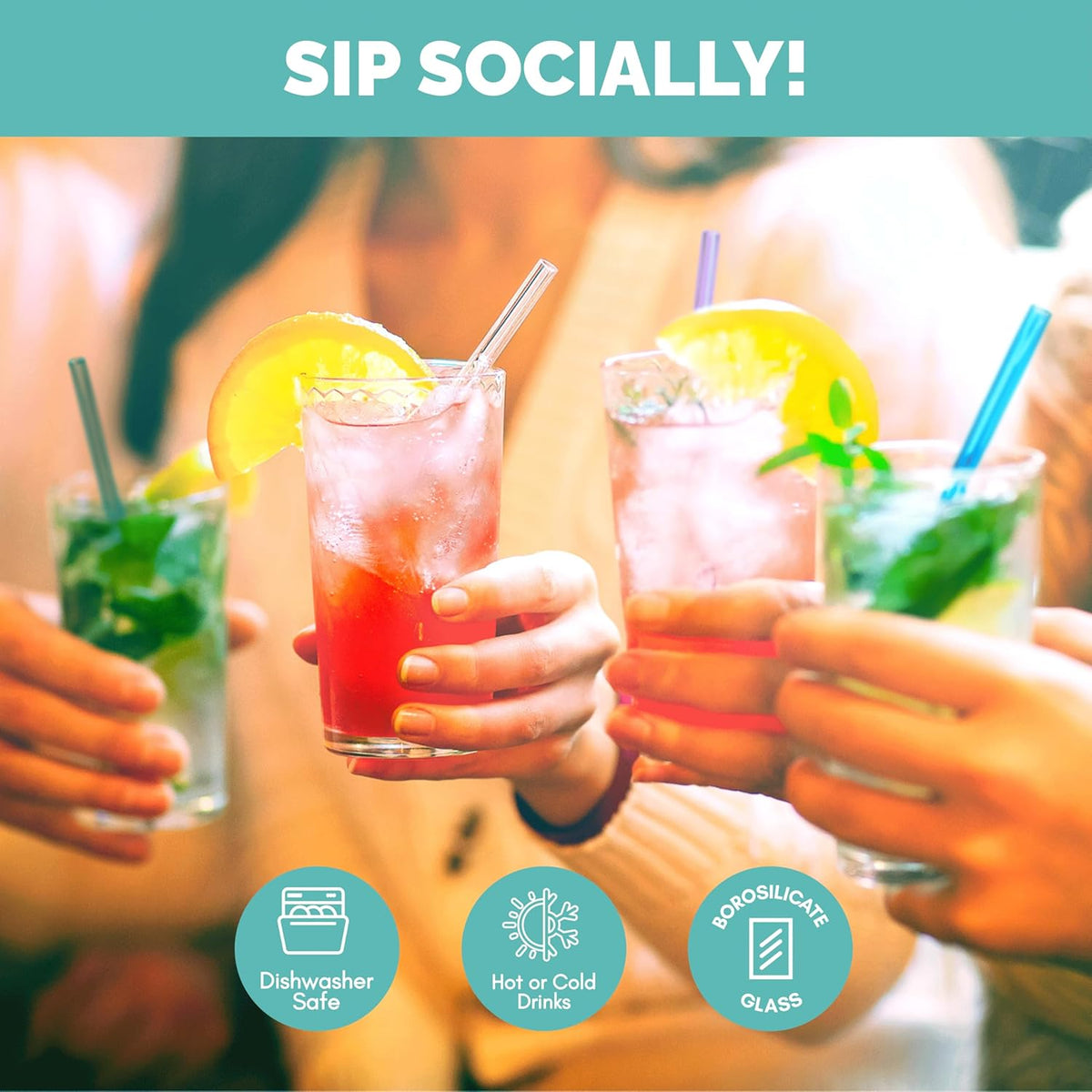 Simply Straws 6 Inch Skinny Glass Straws (6-Pack) - Reusable Cocktail Straws for Mixed Drinks, Low Balls, Coffee & Tea, with Cleaning Brush – Dishwasher Safe, Hot & Cold Use, BPA-Free (Meadow)
