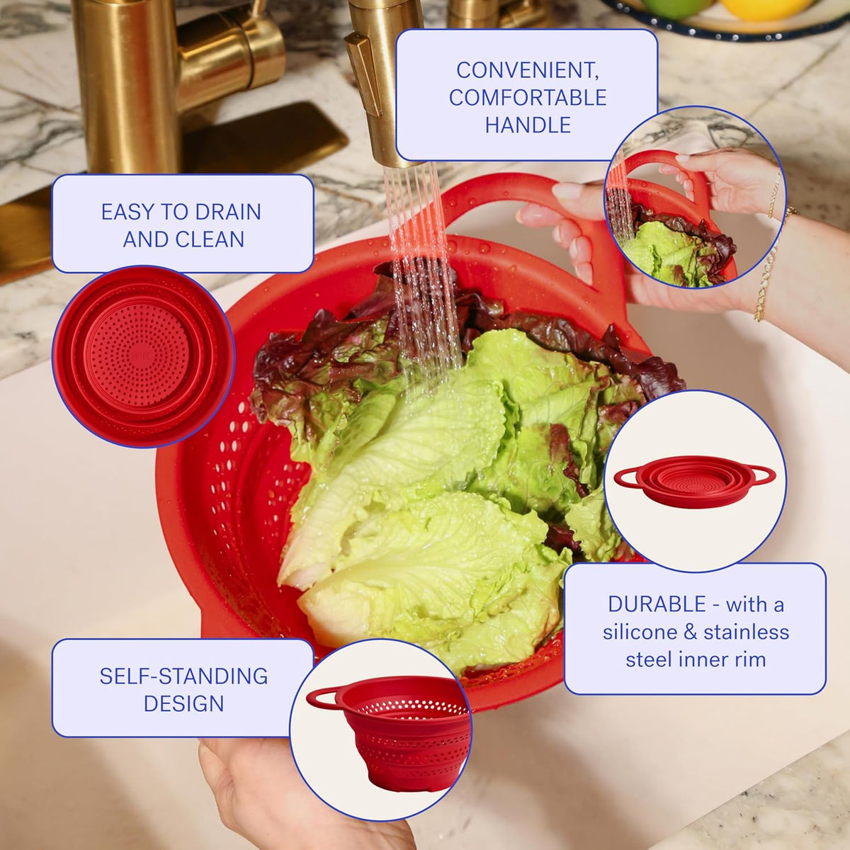 GIR Collapsible Colander for Kitchen – Space-Saving Strainer & Steamer – BPA-Free, Heat-Resistant, Dishwasher Safe Kitchen Strainer with Stainless Steel Rim – Durable Collapsible Colander - Red