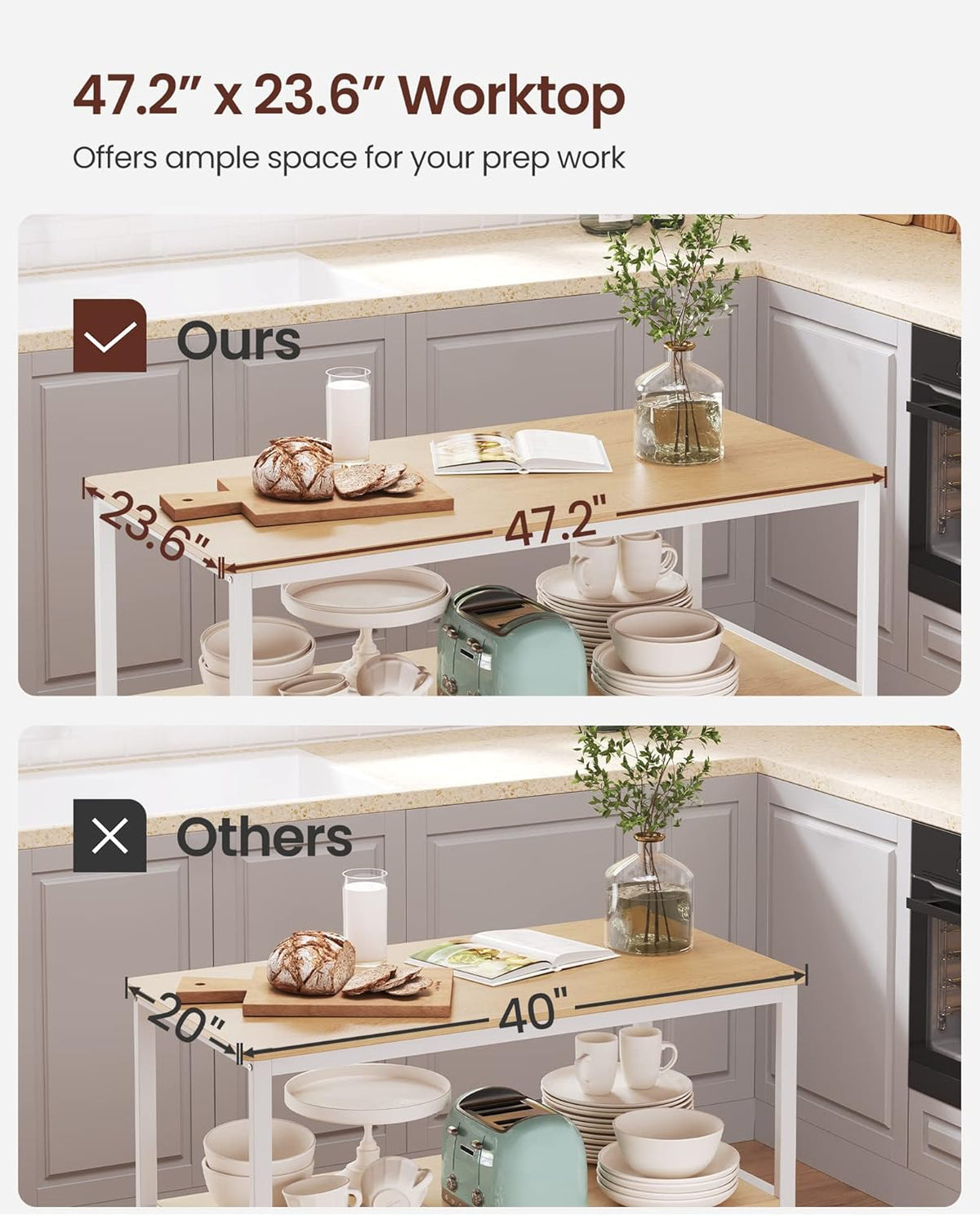 VASAGLE Kitchen Island with 3 Shelves, 47.2 Inches Width Kitchen Shelf with Large Worktop, Stable Steel Structure, Industrial, Easy to Assemble, Oak Color and White UKKI001W09