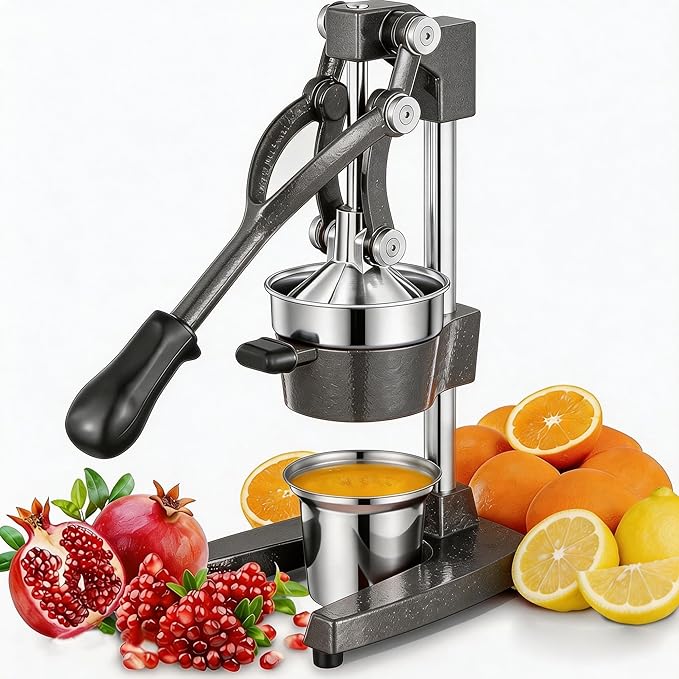 Commercial Heavy Duty Cast Iron Hand Press Manual Orange Citrus Lemon Lime Grapefruit Pomegranate Fruit Juice Squeezer Machine with Stainless Steel Cup Grey